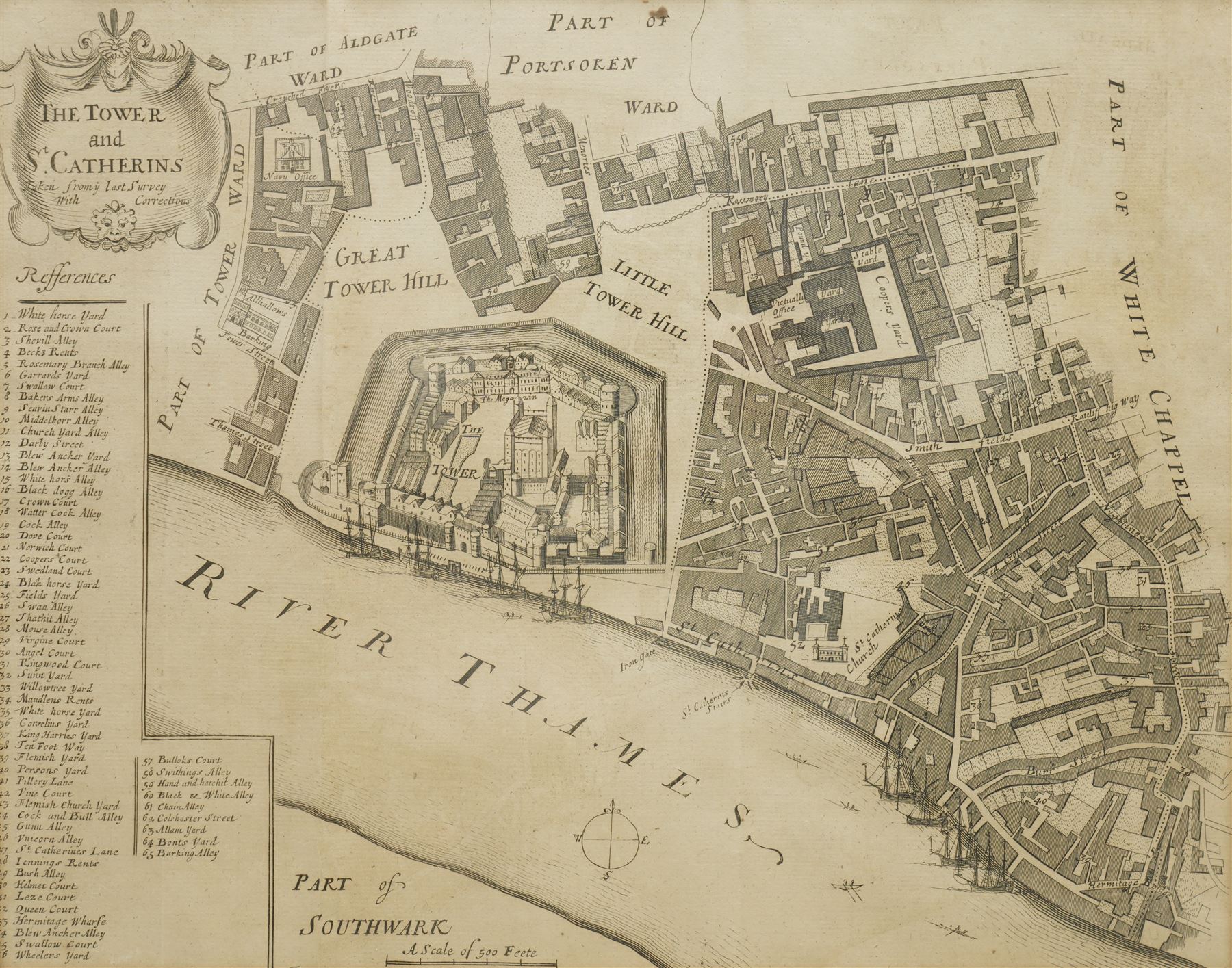Richard Blome (British 1635-1705): 'The Tower and St Catherins (Catherine's)', 18th century engraved map or plan of the Tower of London pub. 'Stow's Survey of London' c.1754, 28cm x 35cm