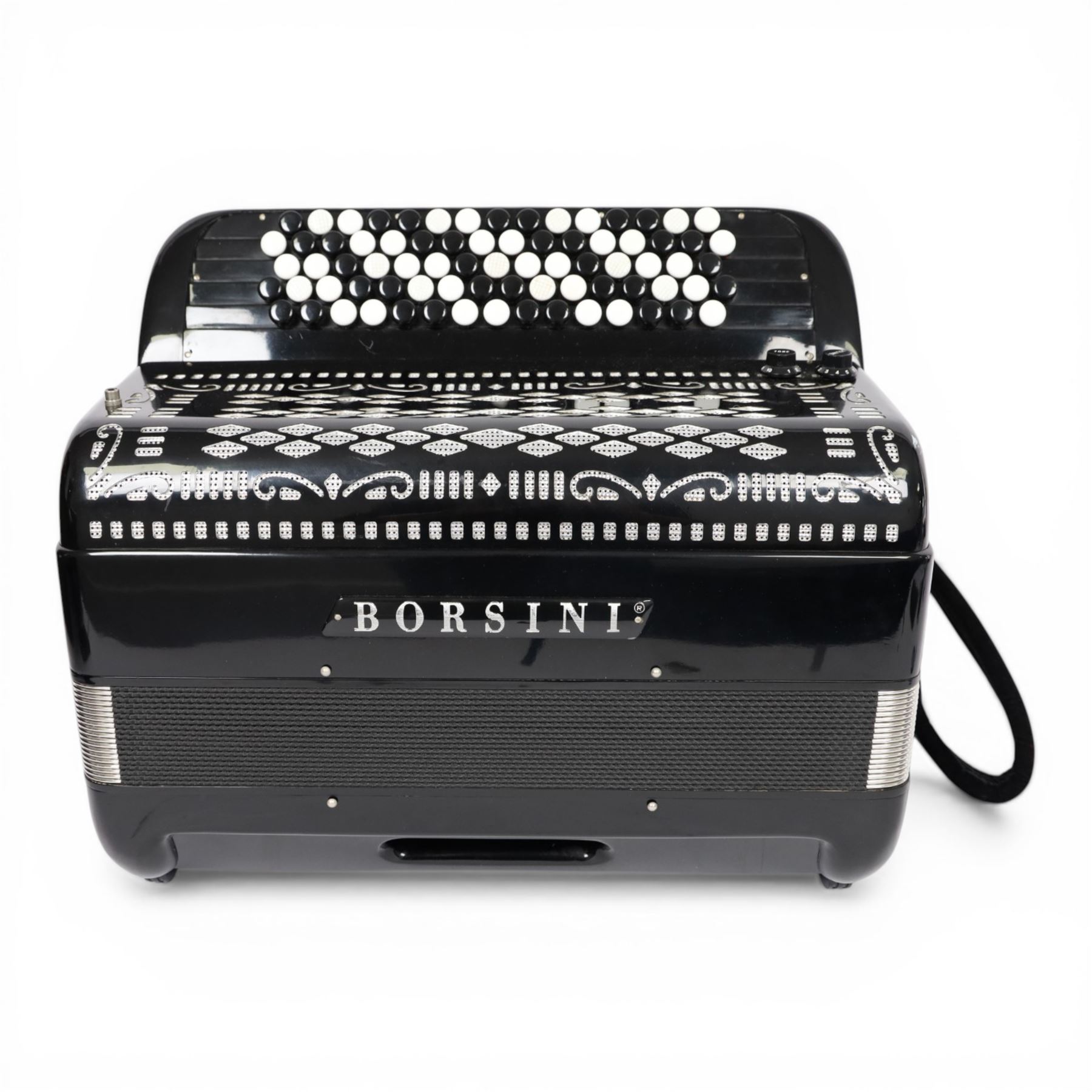 Borsini 5-row basso chromatic button accordion, with 77-black and white buttons, in black high gloss case, with carry strap and original hard carrycase