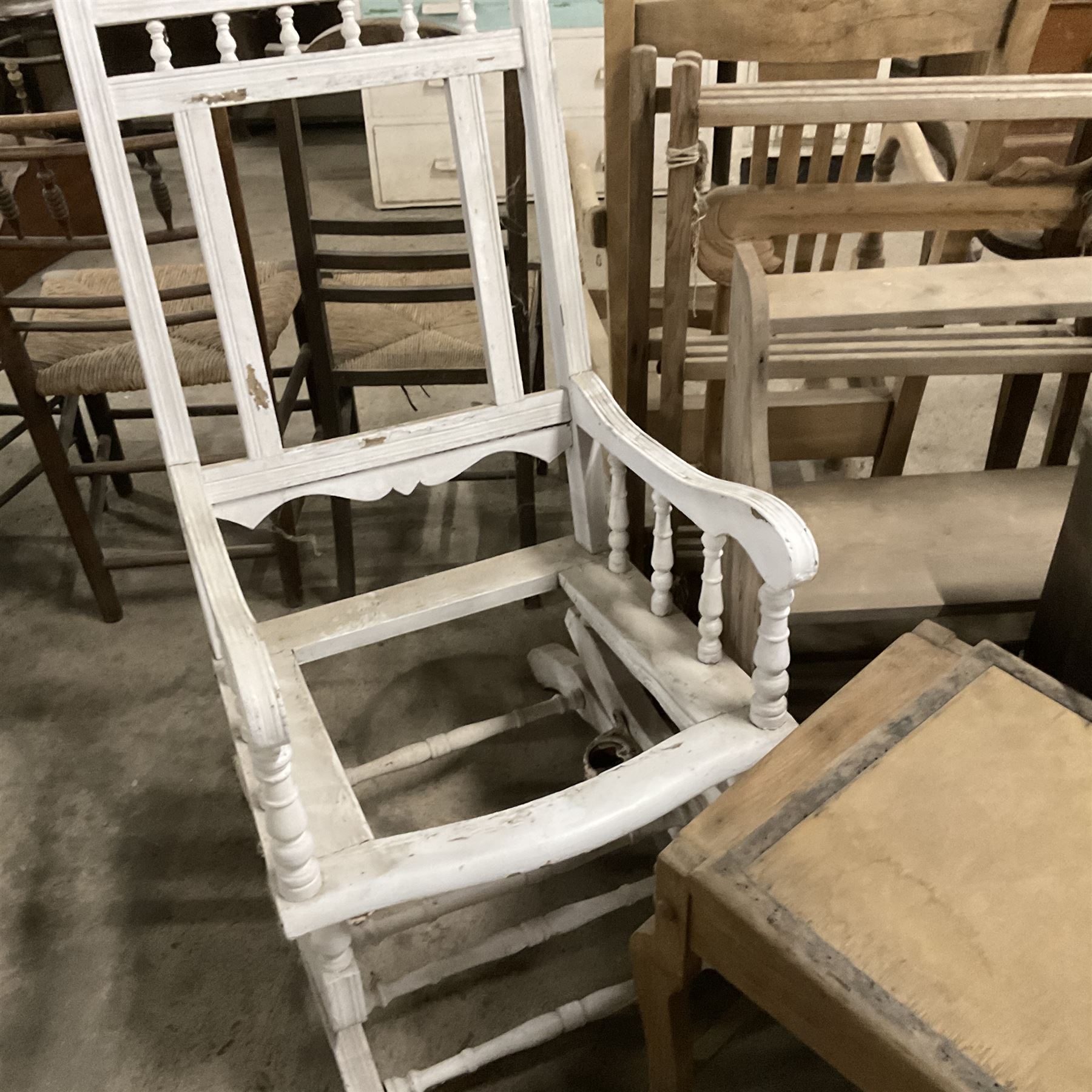 American style rocking armchair (W55cm); two clothes horses; piano stool with hinged lid; frameless wall mirror; pine shelf; pine rack; walnut shelf; walnut two door cabinet; early 20th century oak picture frame; and a Victorian pine frame (10) - THIS LOT IS TO BE COLLECTED BY APPOINTMENT FROM THE OLD BUFFER DEPOT, MELBOURNE PLACE, SOWERBY, THIRSK, YO7 1QY