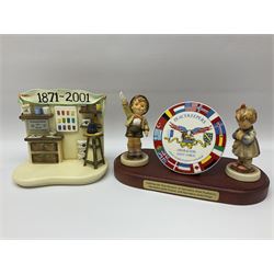 Thirty Hummel figures by Goebel, to include Saluting the Peacekeepers of Operation Joint Endeavor, on wooden plinth, Call to Glory, Celebrate with Song and Soldier Boy