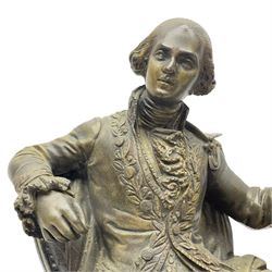 French - 19th century Belgium slate and marble 8-day mantle clock c1860, surmounted with a cast brass figure of the French poet  Ernest Legouve, holding a copy of his collection of poems 