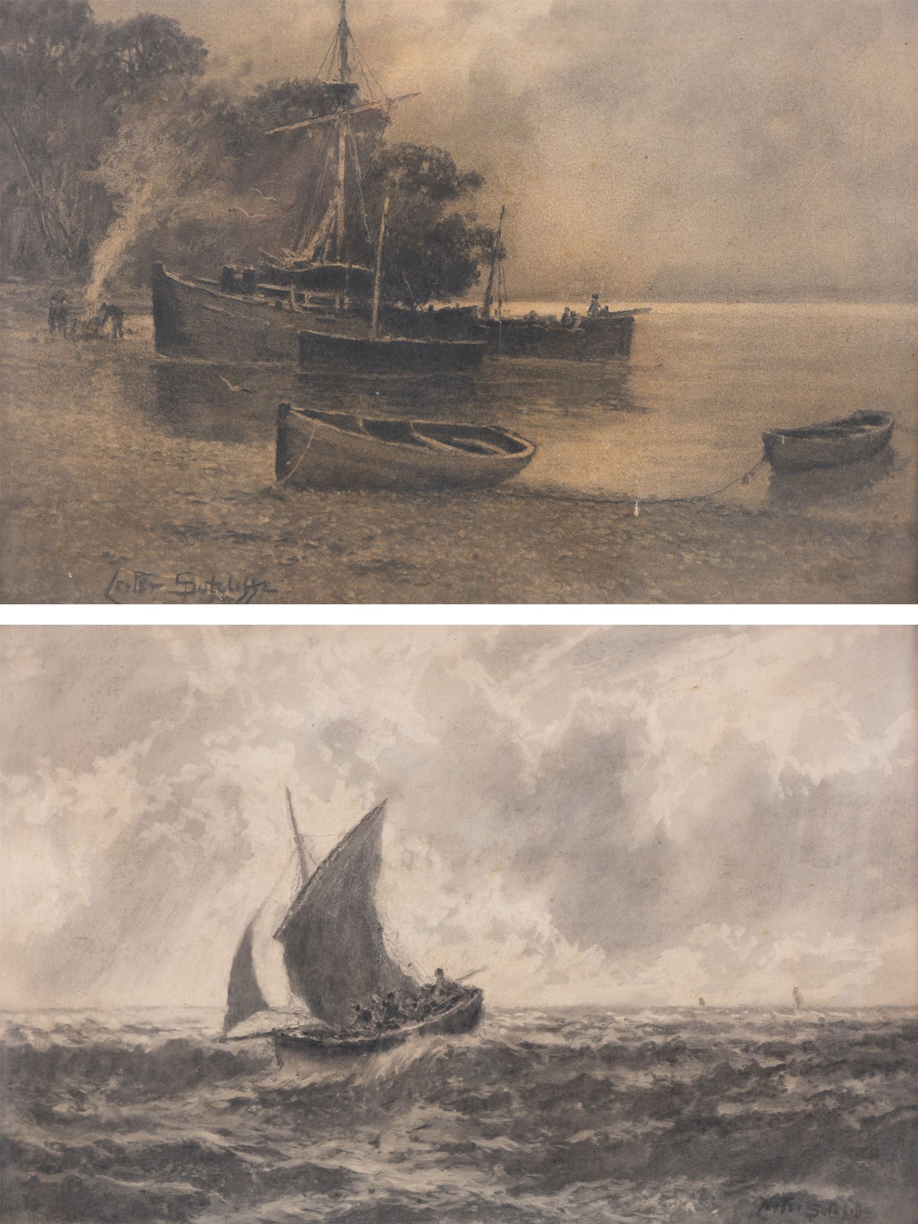 Lester Sutcliffe (British 1848-1933): Ships Landed and Ships at Sea, pair monochrome pastel and watercolours signed 35.5cm x 53cm