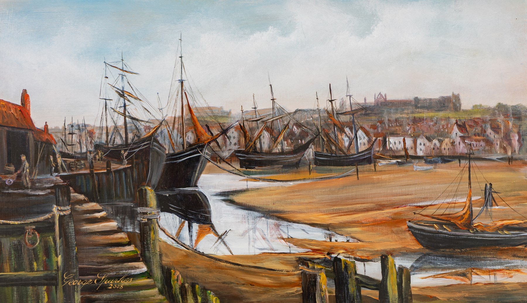 George Sparkes (Yorkshire Contemporary): 'Low Tide - Whitby Upper Harbour c.1890', acrylic on board signed and dated 2008, titled on label verso 25cm x 44cm