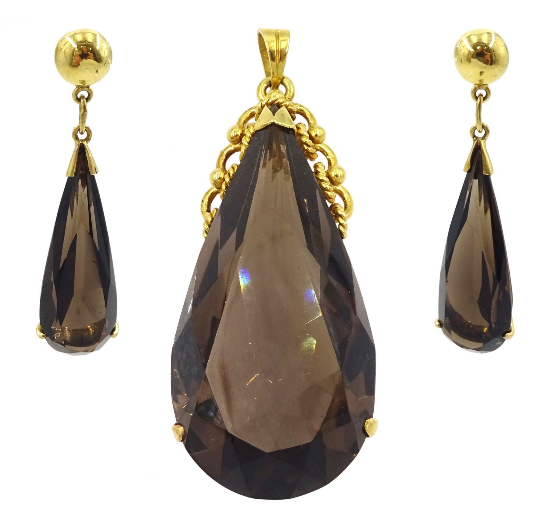 14ct gold pear cut smokey quartz pendant, stamped 585 with pair of similar 14ct gold pendant stud earrings