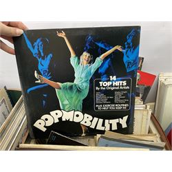 Wooden magazine rack, with floral detail, together with a collection of records, to include the box sets 'the Story of Great Music', 'Popmobility', Happy Holiday in Greece  etc, in three boxes 