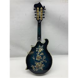 Eastern eight-string F-hole mandolin with blue sunburst finish and mother-of-pearl inlay of flowers and birds L69cm