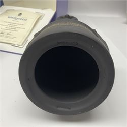 Collection of Wedgwood Jasperware, to include black Eisenhower Bust, two black basalt paperweights, one depicting an eagle and one depicting Julius Caesar, a blue Zodiac plate, Man on the Moon commemorative plate, American Independence Bicentennial plate and Royal commemorative ware, etc, all with impressed marks beneath, some with boxes