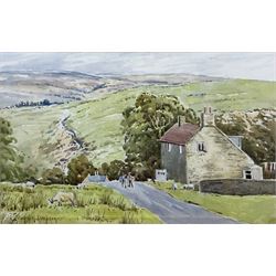Edward H Simpson (British 1901-1989): Folkton Village Main Street and Hiking through the North Yorkshire Moors, two watercolours signed max 36cm x 52cm (2)