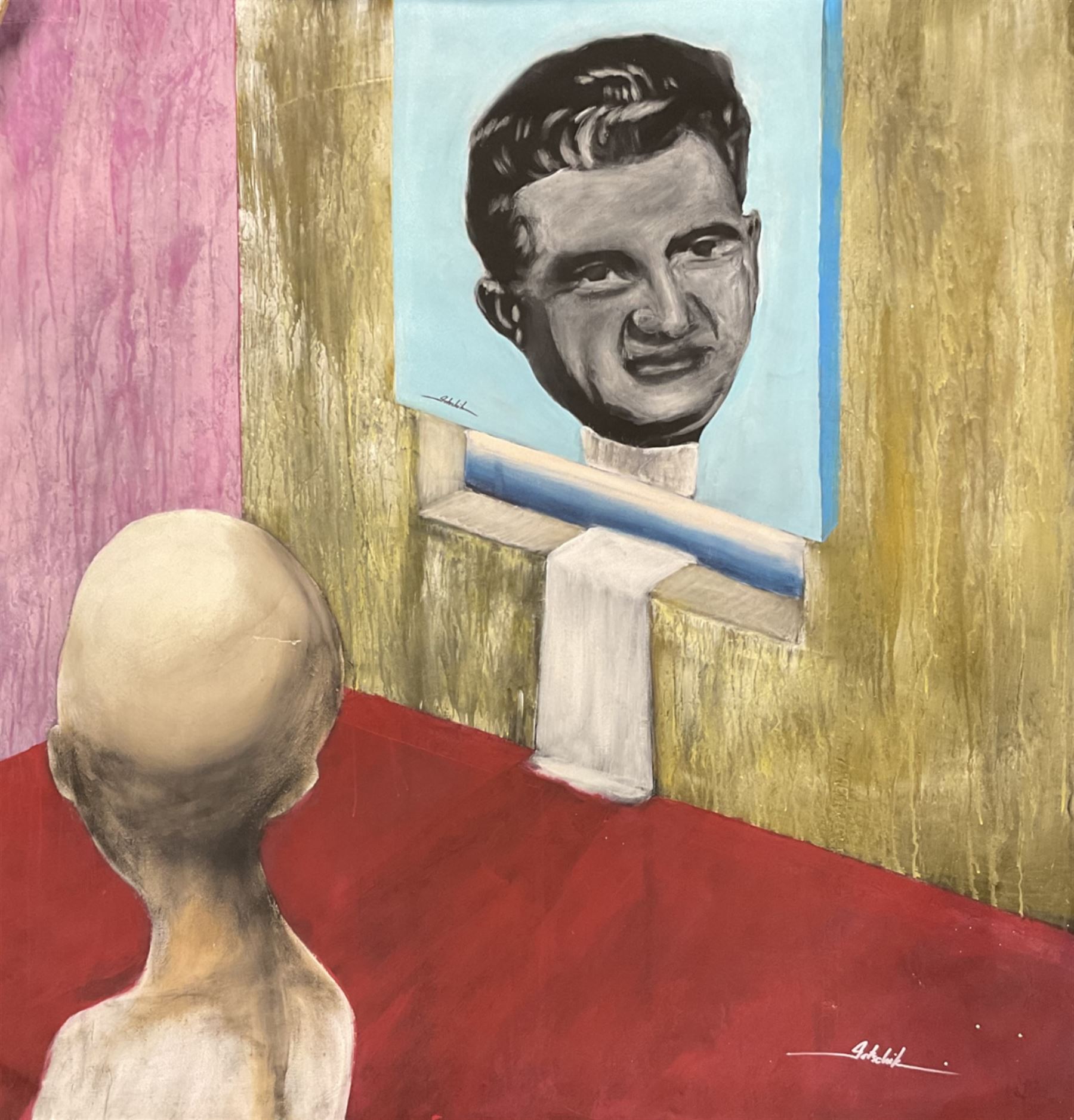 Roland-Henrich Gotschik (German/Romanian 1960-): 'Ceaușescu - Contre Jour' (Shadows of the Past), acrylic on canvas signed, inscribed and dated 2021 verso 173cm x 156cm (unframed)