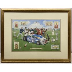 Peter Cross (British 1951-): 'Philip Morris - World Cup Golf', watercolour signed and dated 1991, 33cm x 50cm 
Provenance: dedicated 'To Graham [Bogle] from 'The Agency' Christmas 1991'; used as an original illustration for Country Life Magazine.