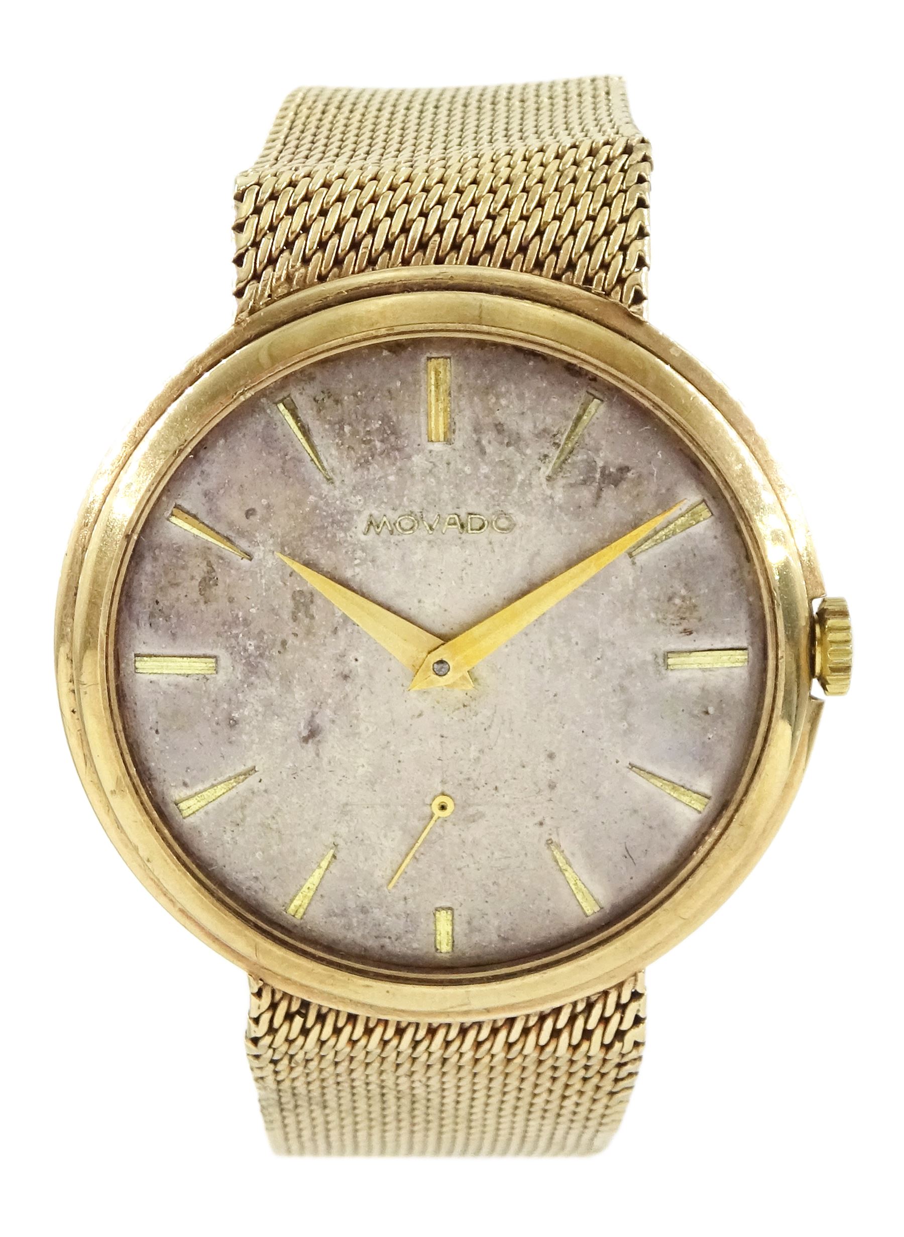 Movado gentleman's 9ct gold manual wind wristwatch, silvered dial with baton hour markers and subsidiary seconds dial, London 1958, on integral 9ct gold bracelet