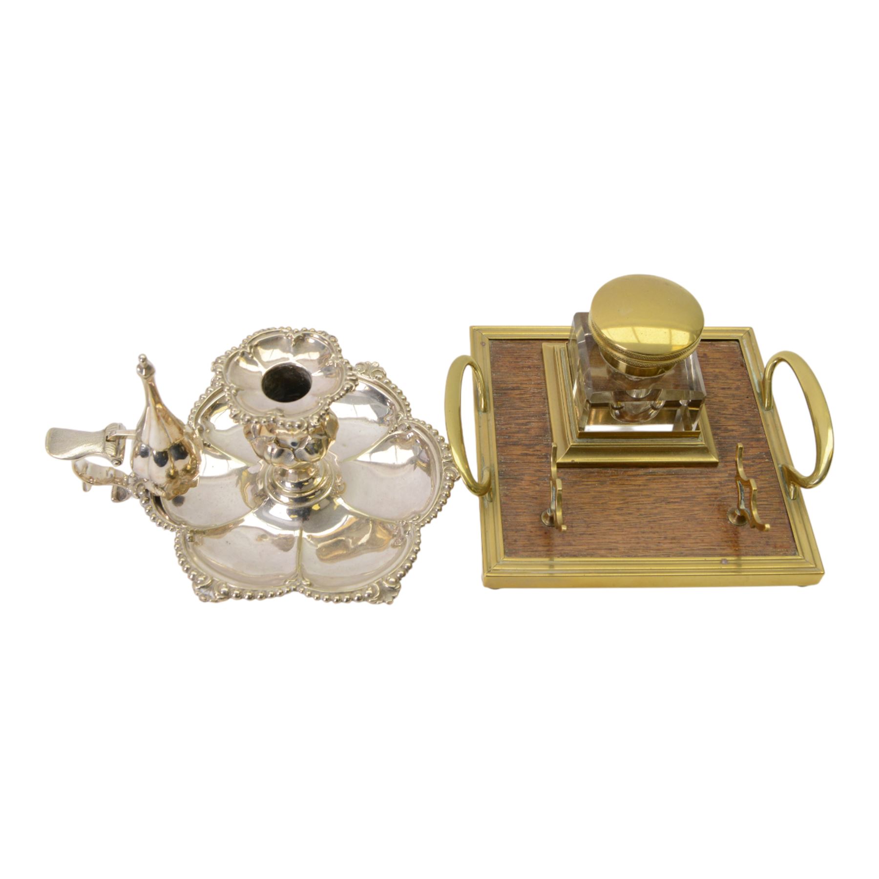 Brass and wood desk stand with inkwell and pen stand, together with silver collared inkwell, hallmark, brass table lamp in the form of a reeded column on stepped square base and 19th century rosewood tea caddy, etc lamp H45cm