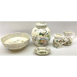 Five pieces of Masons Ironstone 'Paynsley' pattern lustre ware, comprising large ginger jar and cover, footed bowls, two jugs, and pin dish