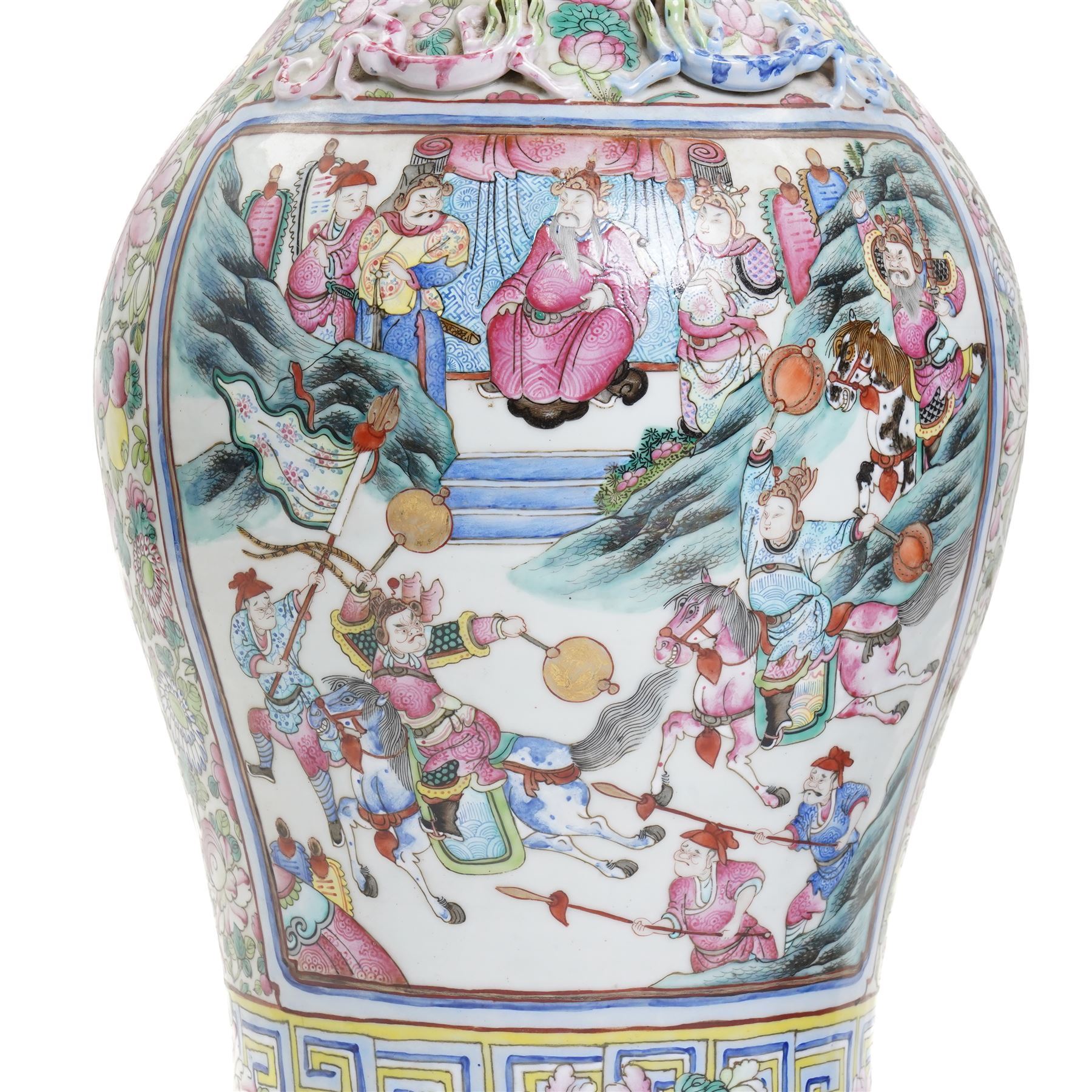 Large pair of 19th century Cantonese famille rose vases, each painted with various courtly scenes, including a display of warriors fighting on horseback before an official and his attendants, double Buddhist lion handles and applied at the shoulders with chilong, the lower band painted with Greek key motif, H58cm (2)