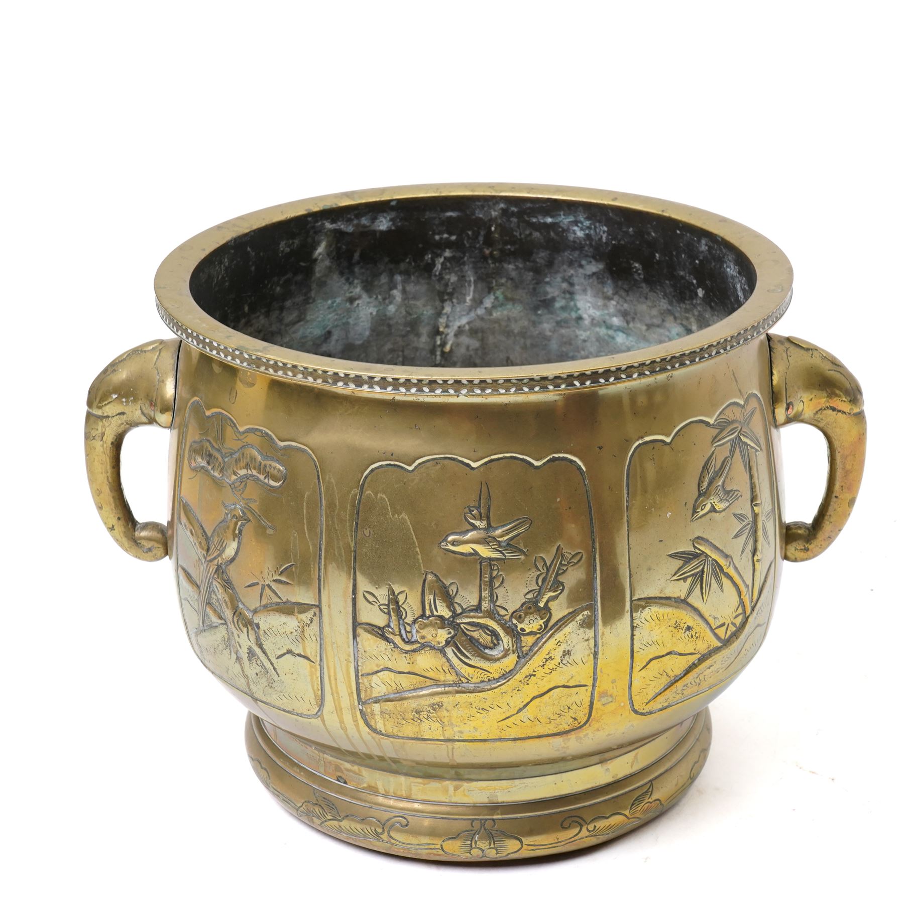 Chinese carved hardwood figure of Shou Lao formed as a table lamp H56cm excluding fitting and a Japanese brass two handled jardiniere decorated with raised panels of birds, flowers etc D27cm (2)