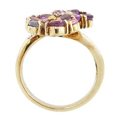 9ct gold sapphire and diamond flower head crossover ring, two flowers each set with pear cut, multi-coloured sapphires, to split diamond set shoulders, Birmingham 2006, total sapphire weight approx 3.30 carat