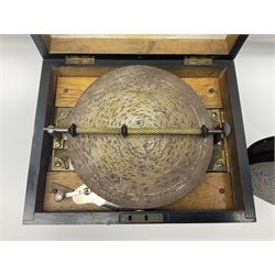 Symphonia of Leipzig - late 19th century German polyphon with thirteen 20cm steel playing discs, mahogany case with original manufacturer illustrated trade label on the underside of the lid, single comb with 41 teeth (one broken), crank key missing. Movement untested.
