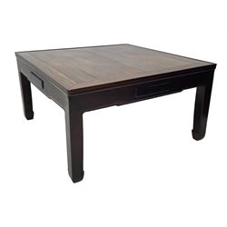 Fine 19th century Chinese Qing dynasty hmong wood mahjong or coffee table, Ming design, square top with raised moulded lip, each side fitted with small drawer, on square supports with hoof feet