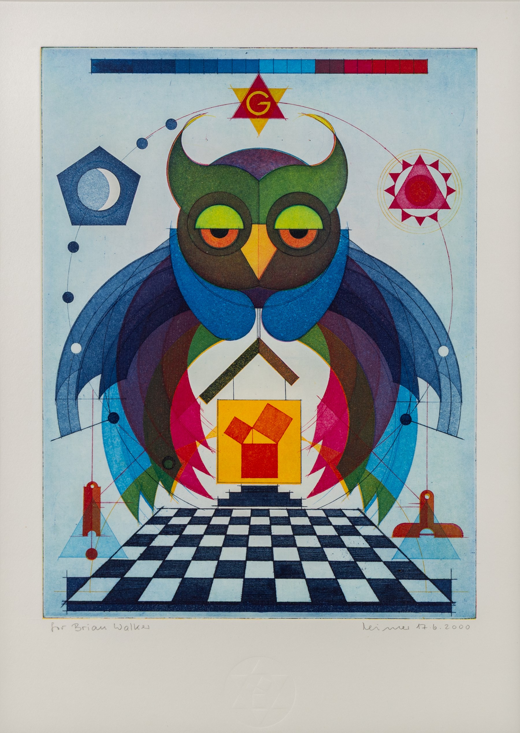 Hans-Joachim 'Jockel' Reisner (German 1938-2023): Majestic Owl, coloured etching signed and dated 2000 in pencil, stamped with blindstamp 32cm x 24.5cm
Notes: Reisner is best known for creating the Bradford City Fire Memorial in 1986. His style of printmaking is characterised by geometric lines and shapes, influenced by his degree in engineering.