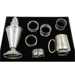  Silver sugar caster by Walker & Hall, Sheffield 1911, silver christening cup, four silver napkin rings and a salt, all hallmarked, approx 10oz  