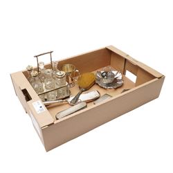 Silver backed brushes and mirrors,plated six bottle cruet, crumb scoop, tankard, plated frame and chromium dish