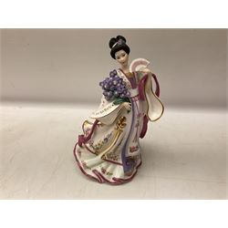 Five Danbury Mint Princess figures by Lena Liu, comprising Harp Princess, Plum Blossom Princess, Chrysanthemum Princess, Rose Princess and Iris Princess, one with certificate, all with marks beneath