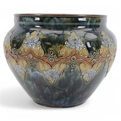  Royal Doulton jardiniere, decorated with repeating foliate boarder on a mottled blue green ground, H19cm