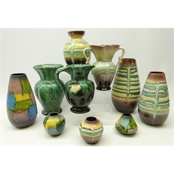  Ten West German style drip glaze vases, the largest being H29cm (10)  