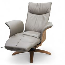 Hjort Knudsen - Danish electric reclining and swivel armchair upholstered in pewter leather, raised on a plywood frame above a five point base