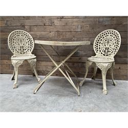 Circular cast aluminium garden table (D74cm, H68cm), and two chairs