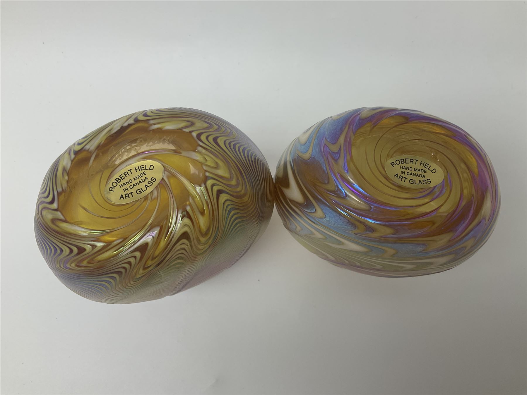 Two Robert Held glass vases, together with Adrian Sankey apple paperweight, vases H10cm 
