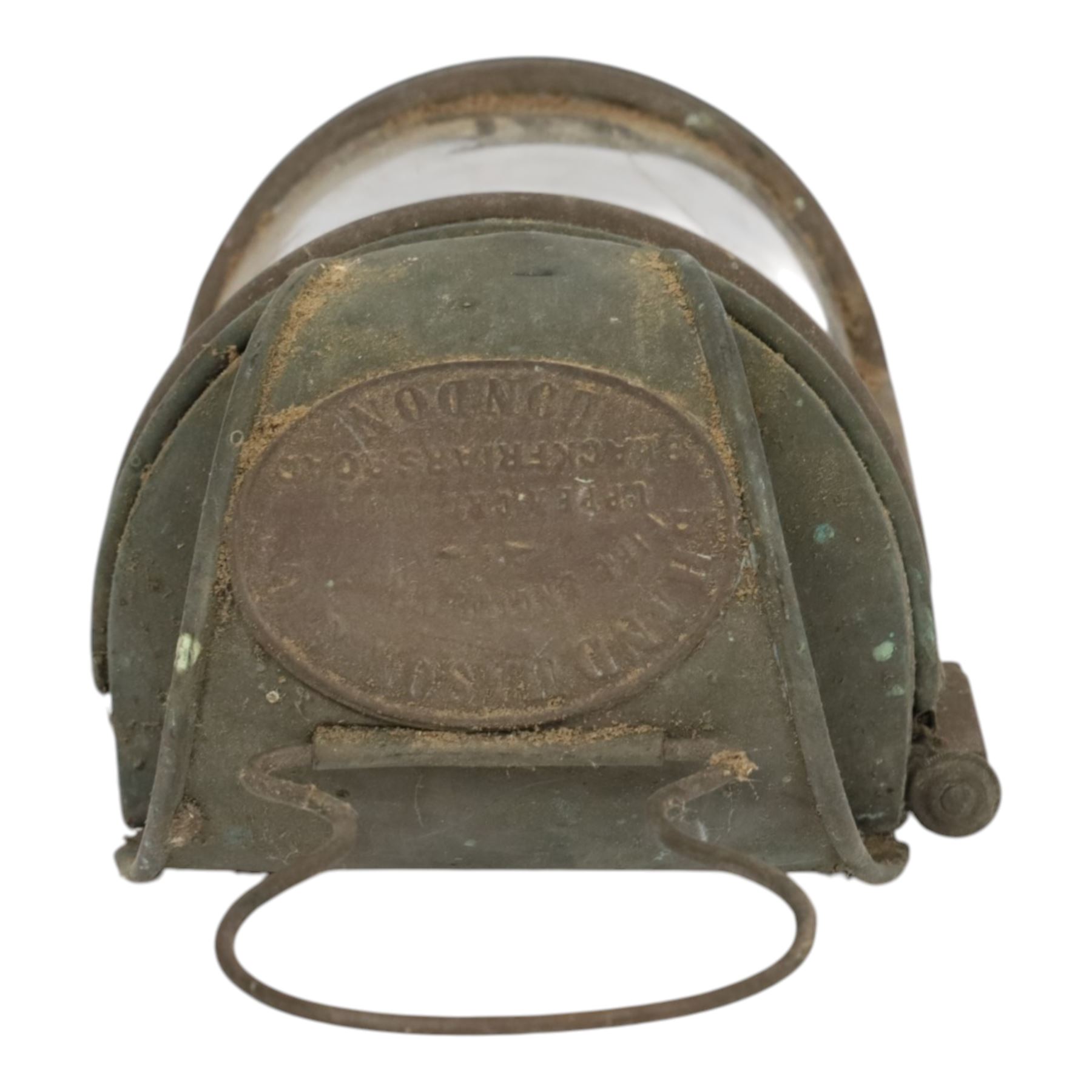 20th century brass and copper carriage lantern, with curved glass front, the brass oval plaque with details for Shand Mason & Co Fire Engine makers, Upper Ground Street, Blackfriars Rd, London, H32cm