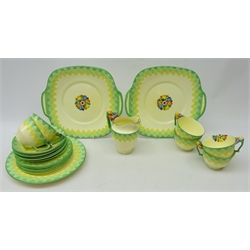  Art Deco Crown Staffordshire tea set for six, with a graduated green tone checkered border, floral moulded handles and painted design (22)   