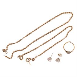 18ct gold diamond ring, pair of 9ct gold cubic zirconia stud earrings and 9ct gold chain links