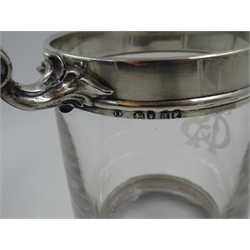  Pair Victorian glass and silver mounted tankards, scroll handle with etched monogram, by John Wilmin Figg, London 1854, H13.5cm   