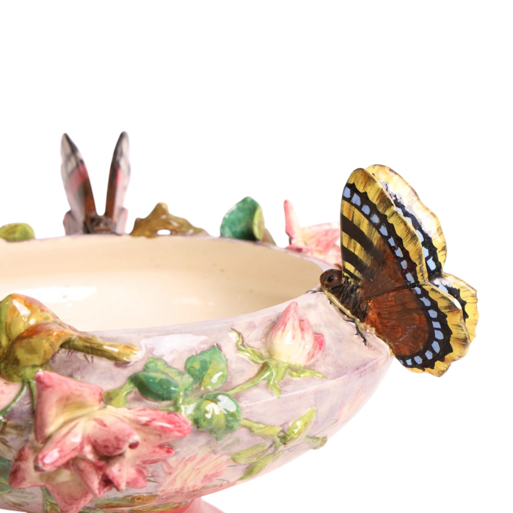 Delphin Messier (1836-1907), glazed earthenware cache-pot, decorated with three butterflies surrounded by floral and foliate motifs. upon a pink circular foot, signed beneath, H24cm