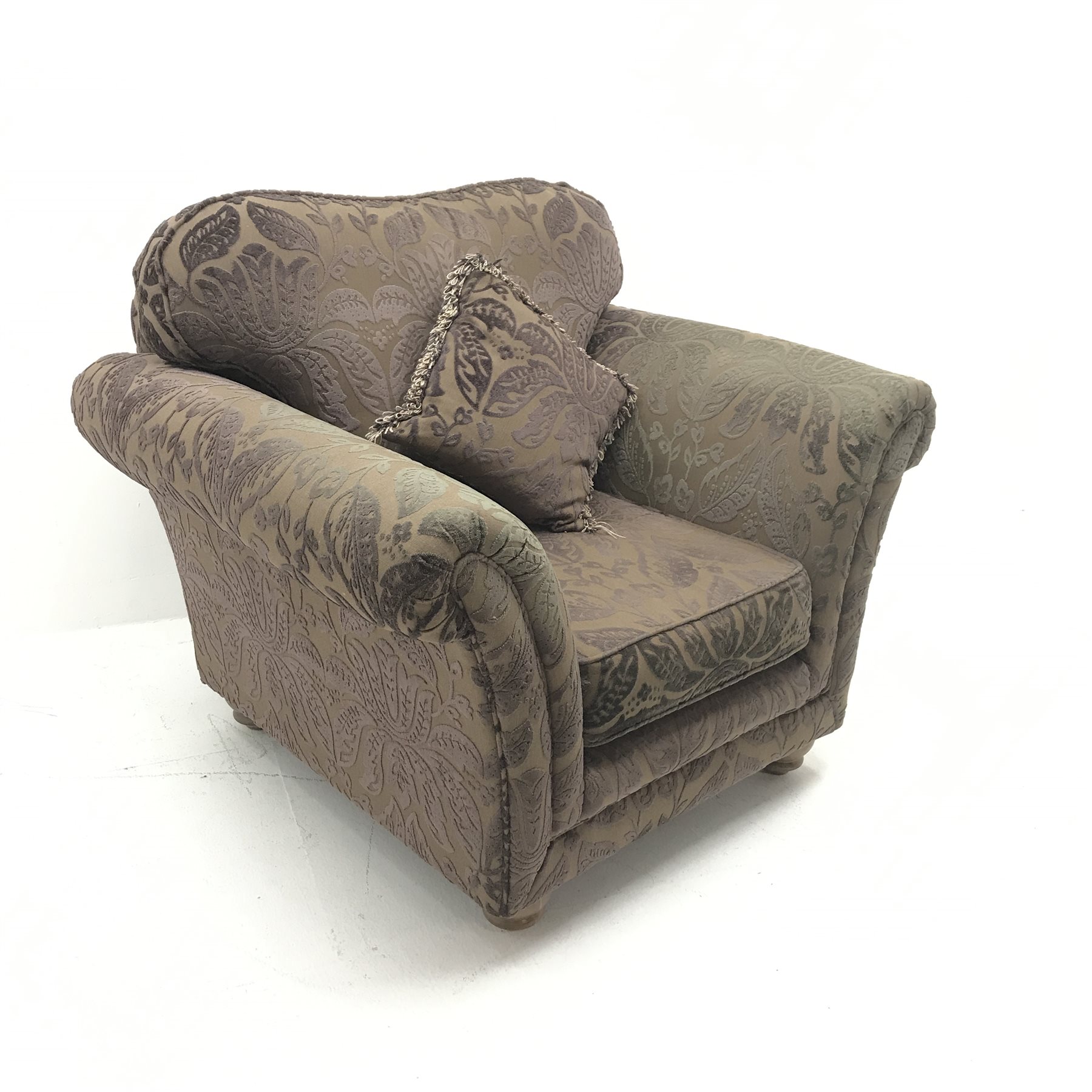Armchair upholstered in aubergine embossed fabric,  turned supports, W112cm