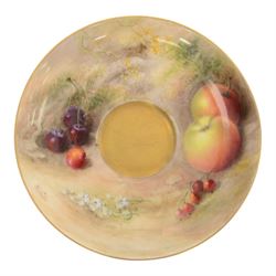 Royal Worcester fruit painted cabinet teacup and saucer, interior hand painted with apples, blackberry and cherries upon a mossy ground, the cup exterior and centre of saucer gilded, cup and saucer signed Rickells, each with puce coloured printed marks beneath, H7cm