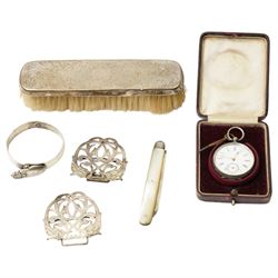 Silver group including a Swiss open face fob watch, bracelet, two piece buckle, brush and ...