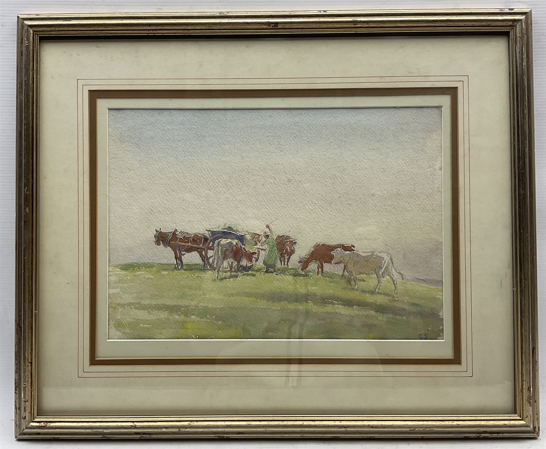 George Soper (British 1870-1942): Feeding the Cattle from the Wagon, watercolour signed with initials 25cm x 36cm
Provenance: from the Estate of George and Eileen Soper sale, Bonhams, 1992, stamped beneath mount verso.