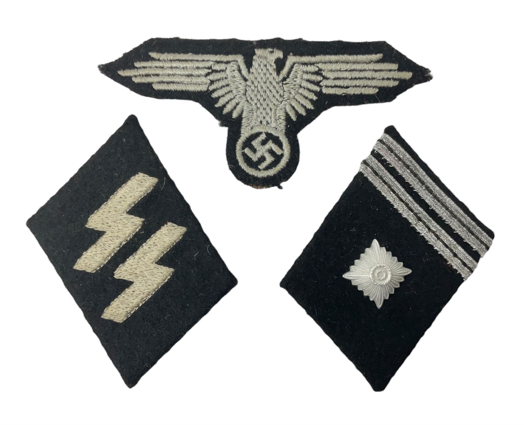Two WW2 German 'SS' uniform cloth collar patches and sleeve eagle for Schafuhrer rank (3)
