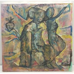 Francis Perera (Sri Lankan 1931-): 'Temptation', oil on canvas signed, titled verso 62cm x 64cm
(unframed)
Notes: Perera a noted Sri Lankan artist has had many solo exhibitions both in his home country and overseas. He is a six time winner of the Presidential Award, represented Sri Lanka in Washington DC to commemorate the 50th anniversary of its independence, exhibited at the Royal Commonwealth Society in 2002, and at the 20th International Art Festival in Germany.