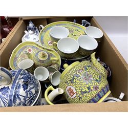 Collection of ceramics, to include Wedgwood SYP (Simple Yet Perfect) teapot decorated in peony design, Spode teacup, Coalport covered trinket dish willow pattern, meat dish, Imari teapot and coffee pot etc, in two boxes