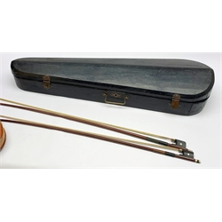  Late 19th century violin with 36cm maple back and spruce top, bears label 'Copy George Klotz Made in 1747', L59cm overall, in ebonised wooden carrying case with two bows  