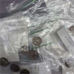 Collection of United States of America coins, 1965 onwards, principally quarter dollars, many with alleged minting errors as annotated on labels