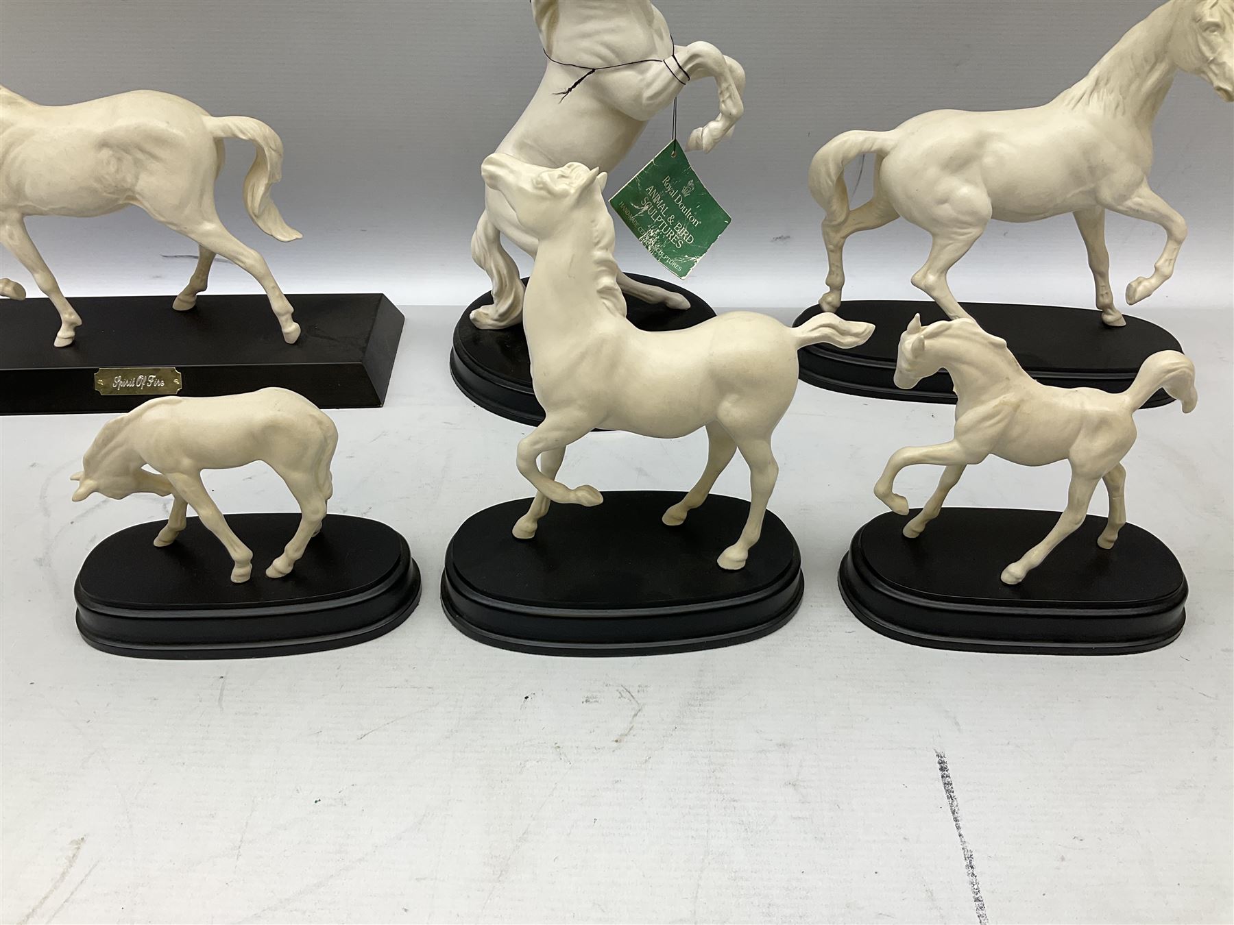 Six Royal Doulton horse figures in a matt finish on plinths, to include Spirit of the wind, Spirit of the wild, Springtime etc