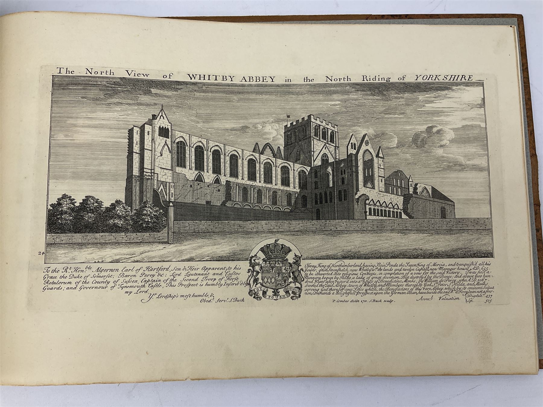 Samuel Buck: Ruins, Abbeys and Castles of Yorkshire. Bound collection of twenty-five engraved views dated 1720 - 1728 including Burstal Abbey Hull, Bolton Abbey, Whitby Abbey, Scarborough Castle, Malton Priory etc and list of subscribers; oblong folio; mottled half leather and suede binding by Etherington, Thorpe & Co., Pudsey