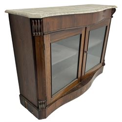Victorian rosewood side cabinet, shaped and moulded white marble top over plain frieze, single shelf enclosed by two glazed doors, flanked by square pilasters with S-scroll carved brackets, on plinth base