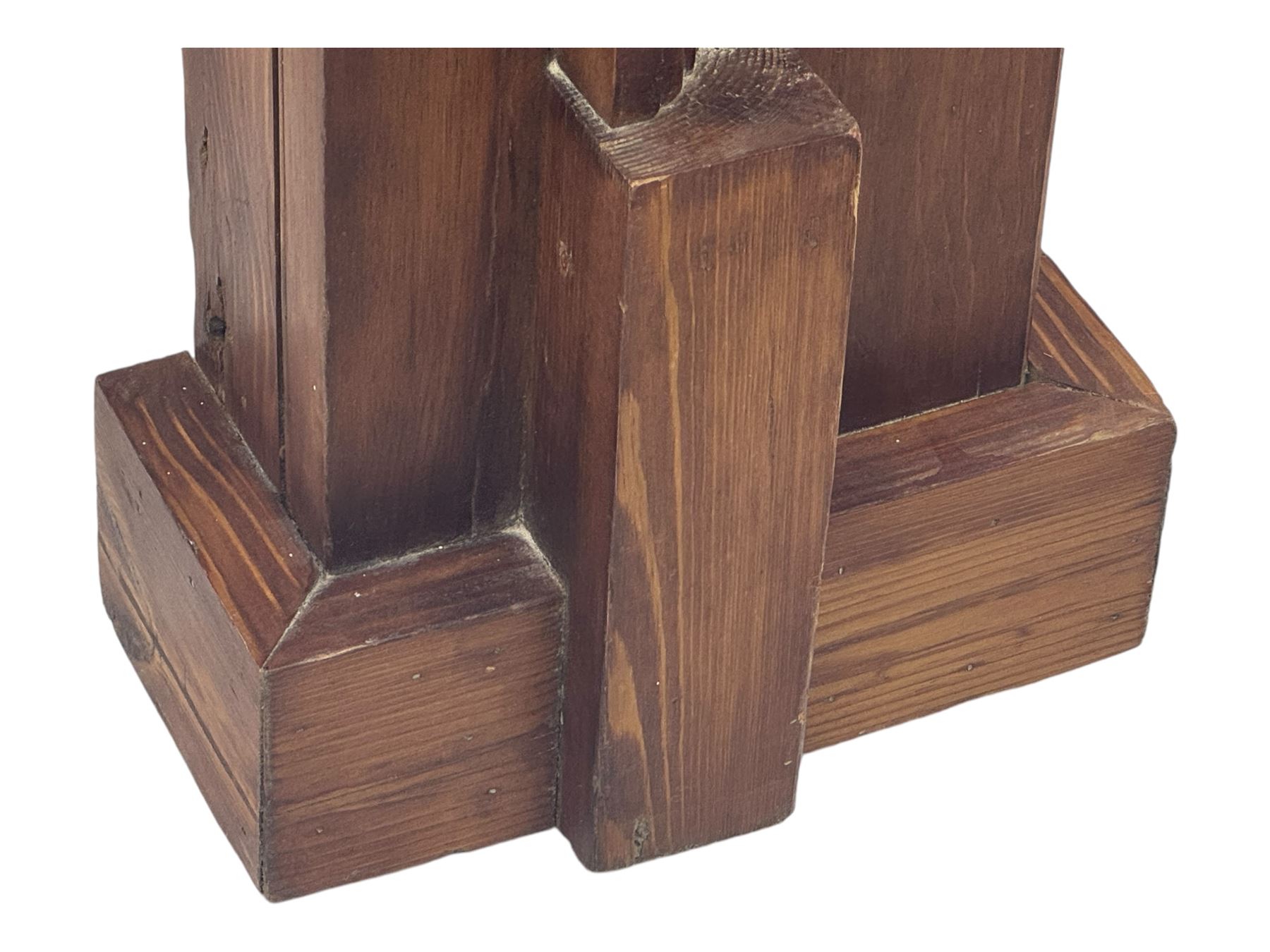 Victorian stained pine fire surround, projecting cornice with dentil moulding, panelled frieze and chamfered uprights on block supports