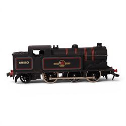 Three Hornby Dublo 00 gauge locomotives in black, comprising 2224 L.M.R 2-8-0 8F Locomotive and Tender no. 48073, 2218 2-6-4 Tank Locomotive no. 80033 and 2217 0-6-2 Tank Locomotive B.R. no. 69550, all boxed